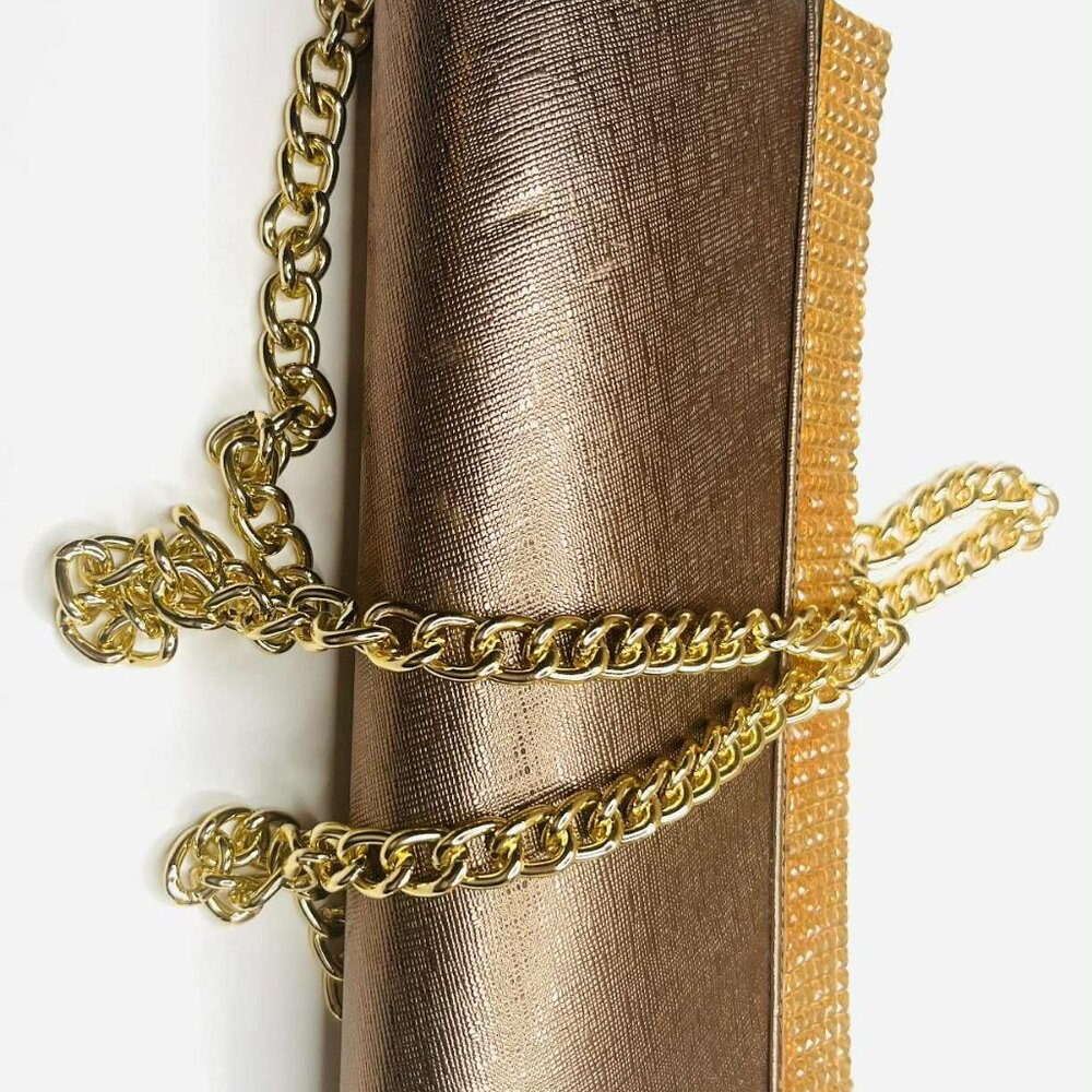 Vintage Bronze Gold Rhinestone Clutch w Chain Strap Evening Bag - Picture 2 of 8